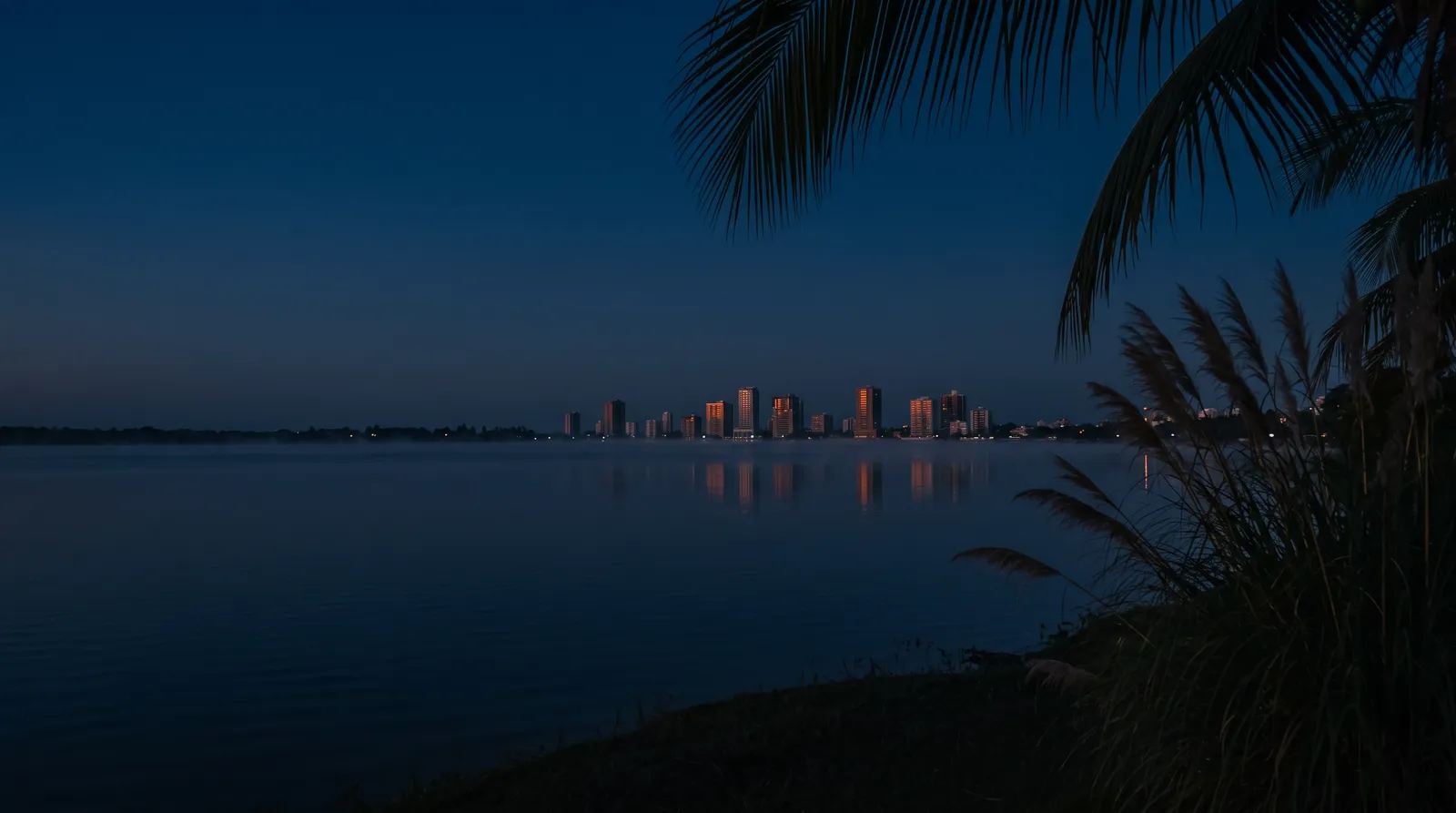 La lagune au crépuscule vue depuis la rive, avec la ville au loin et des palmes au premier plan